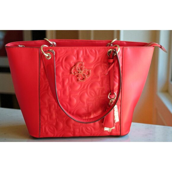 Guess Handbags - Guess Red Embossed 4G Logo Tote Bag Purse Faux Leather Gold Hardware Handbag